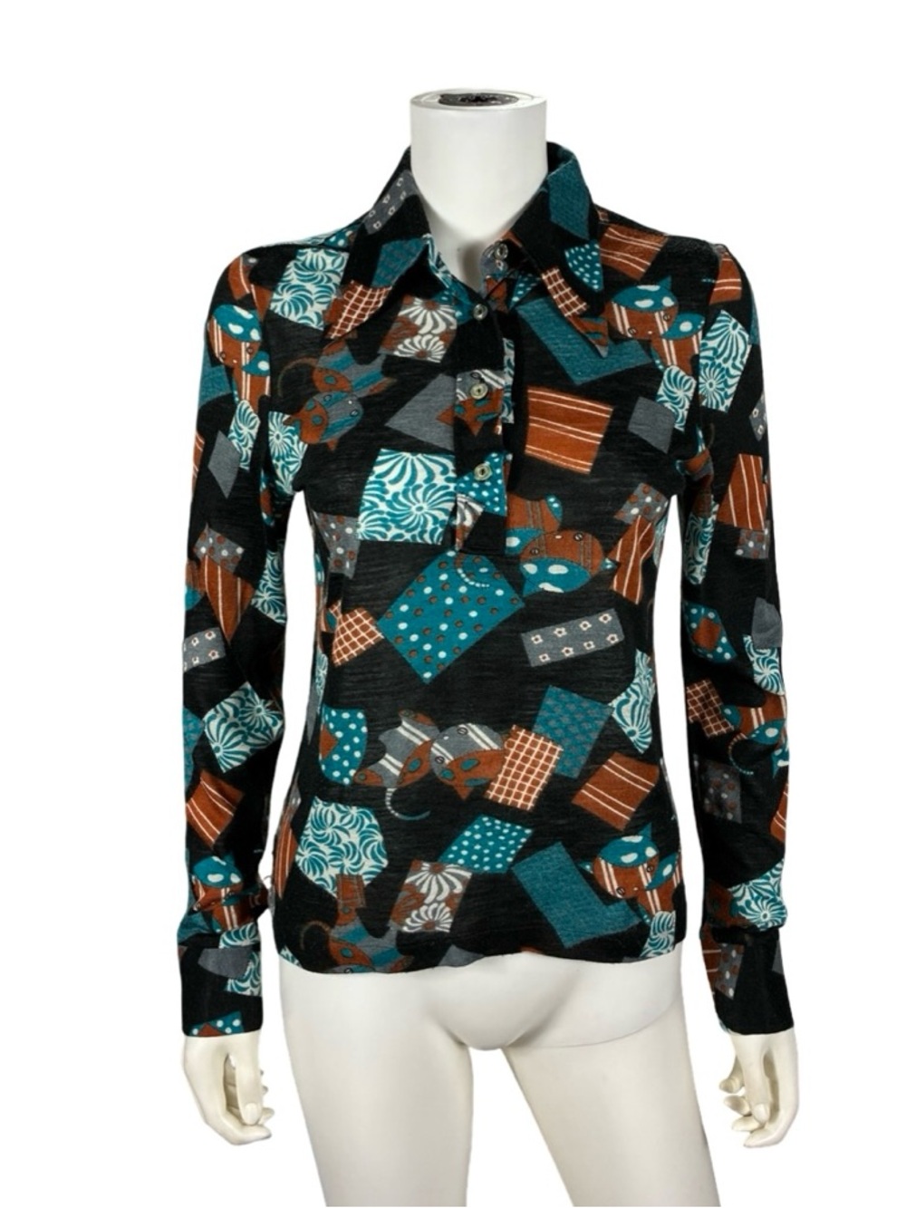 Jacobson's Vintage 1960s Cat Print Dagger Collar Top